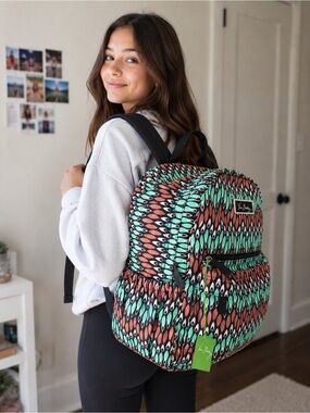 Vera Bradley Sierra Stream Brown Green Geo Print Cotton Blend Medium Backpack